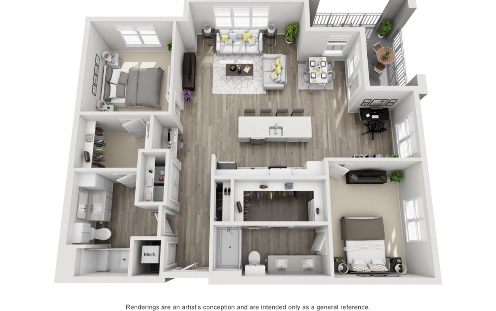 Burlington  - 2 bedroom floorplan layout with 2 bathrooms and 1358 square feet (3D)