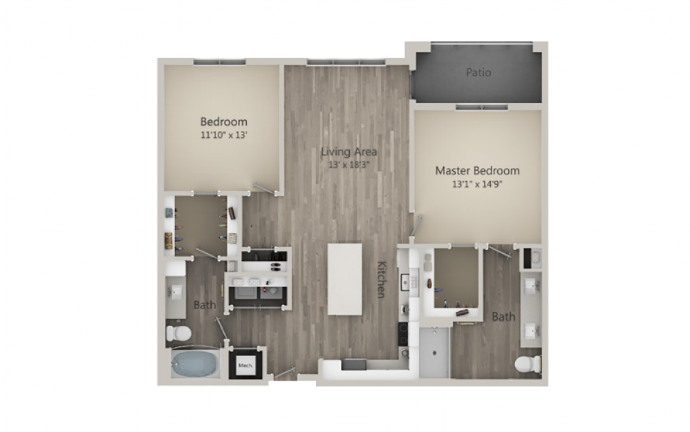 Butler  - 2 bedroom floorplan layout with 2 baths and 1215 square feet.