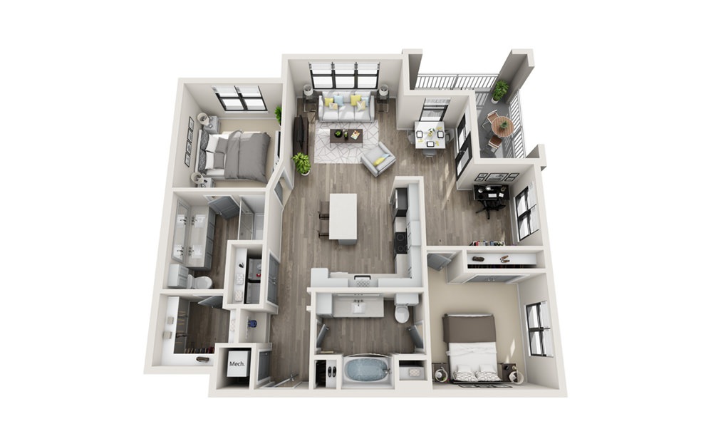 Berwick - 2 bedroom floorplan layout with 2 baths and 1232 square feet.