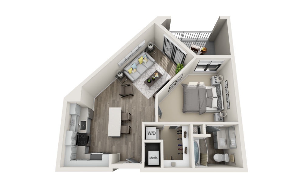 Abbey - 1 bedroom floorplan layout with 1 bathroom and 701 square feet (3D)