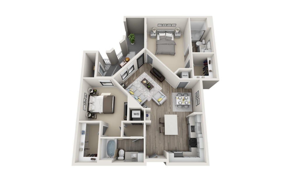 Brookland - 2 bedroom floorplan layout with 2 bathrooms and 1143 square feet (3D)