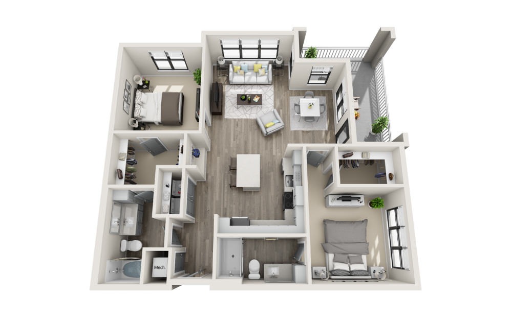 Browning - 2 bedroom floorplan layout with 2 bathrooms and 1186 square feet (3D)