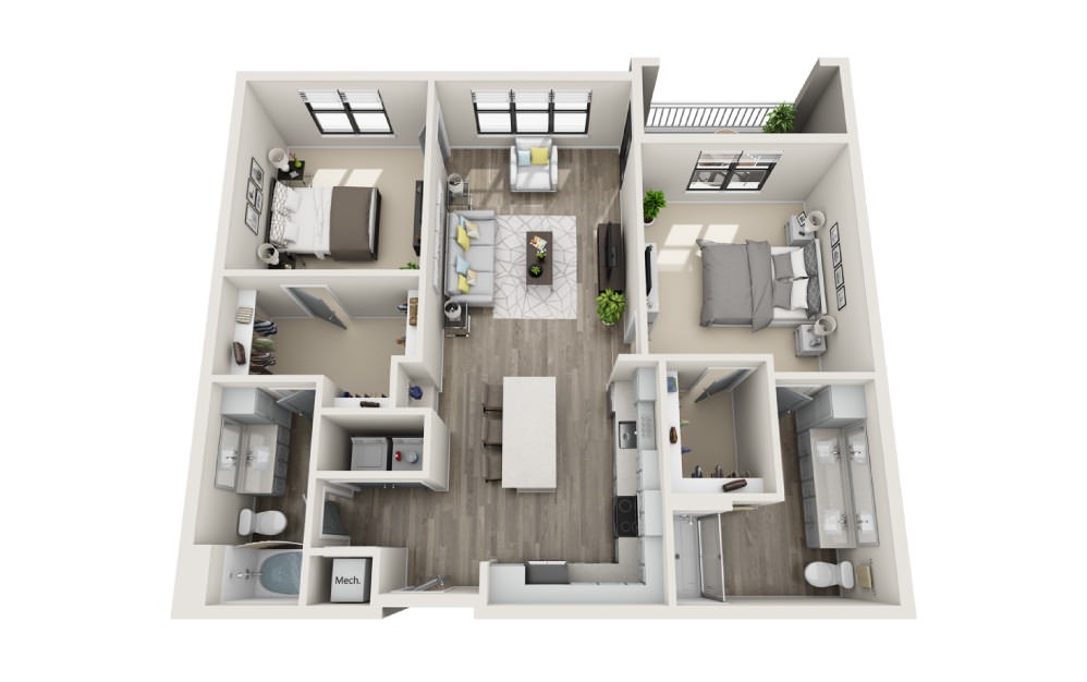 Burberry - 2 bedroom floorplan layout with 2 bathrooms and 1217 square feet (3D)