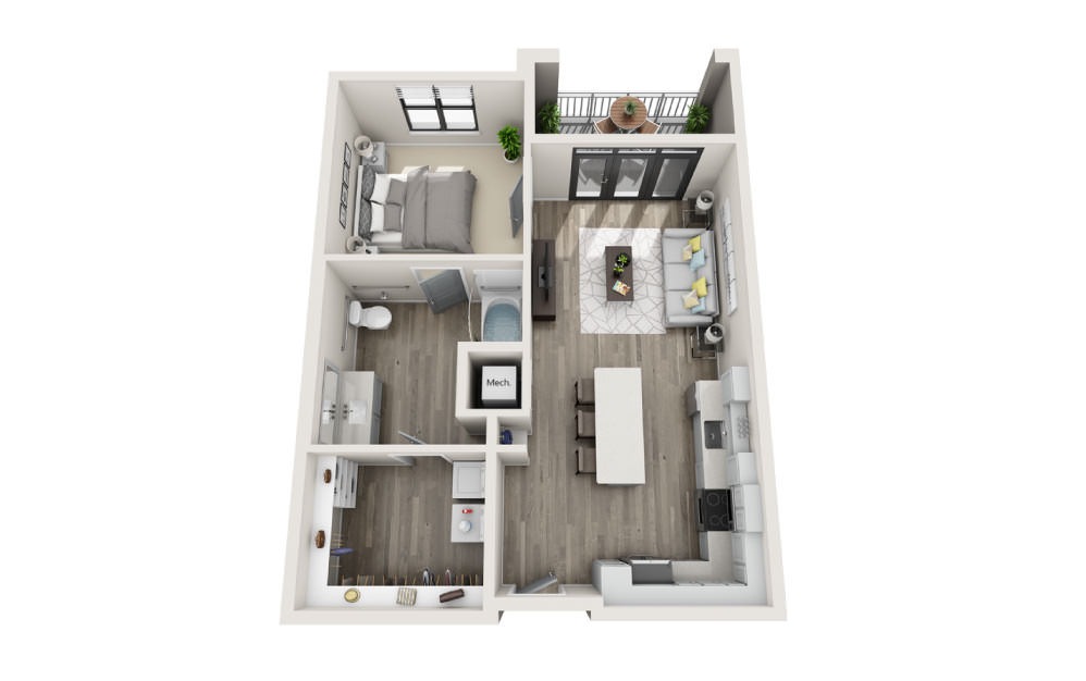 Abbot - 1 bedroom floorplan layout with 1 bathroom and 786 square feet (3D)