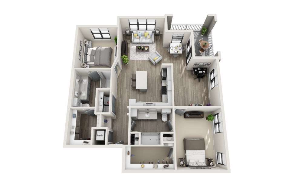 Britannia - 2 bedroom floorplan layout with 2 bathrooms and 1378 square feet (3D)