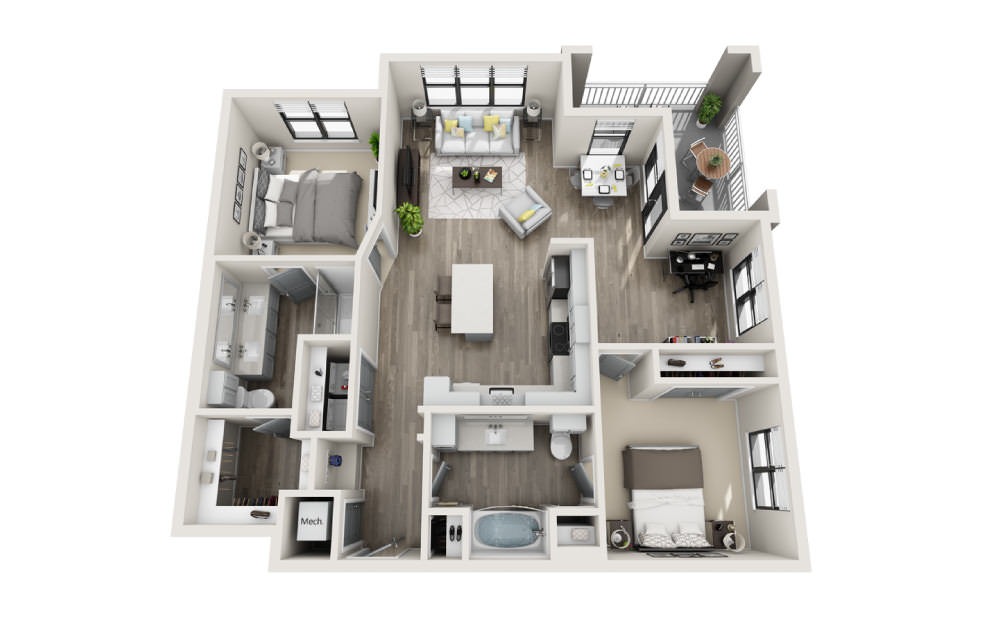 Bedford  - 2 bedroom floorplan layout with 2 bathrooms and 1220 square feet (3D)