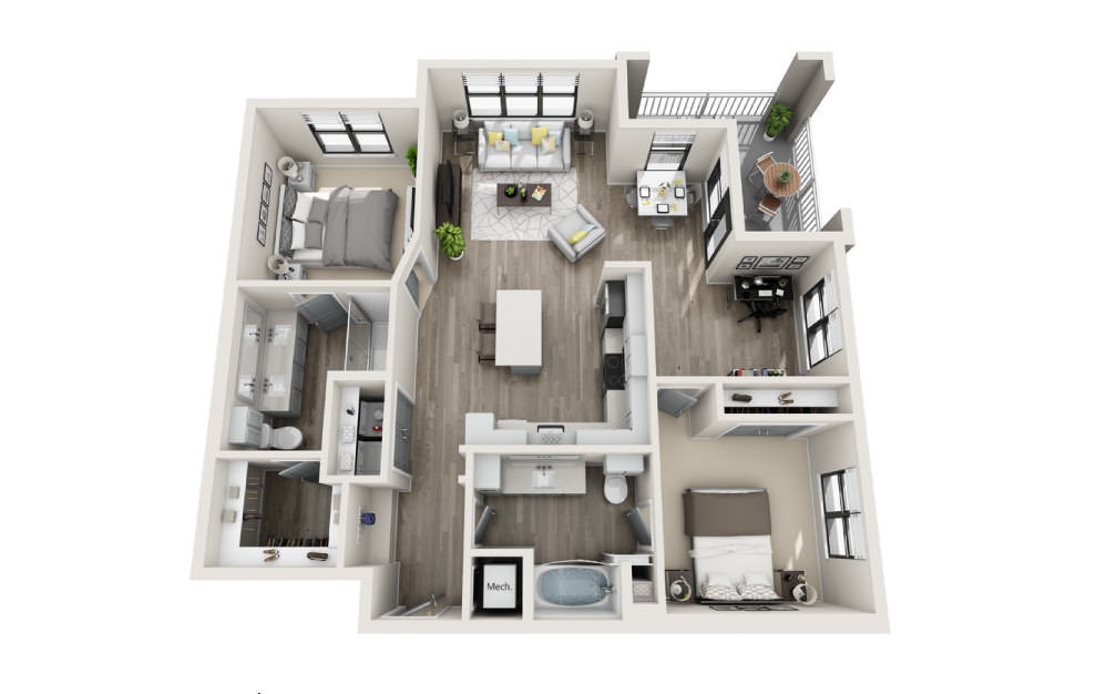 Berkley  - 2 bedroom floorplan layout with 2 bathrooms and 1206 square feet (3D)