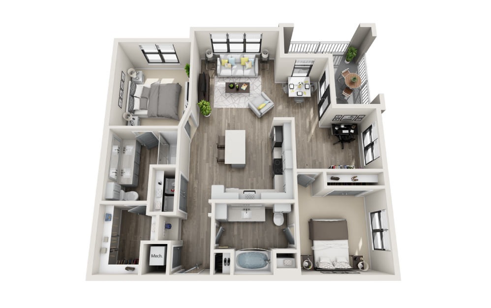 Brighton - 2 bedroom floorplan layout with 2 bathrooms and 1243 square feet (3D)