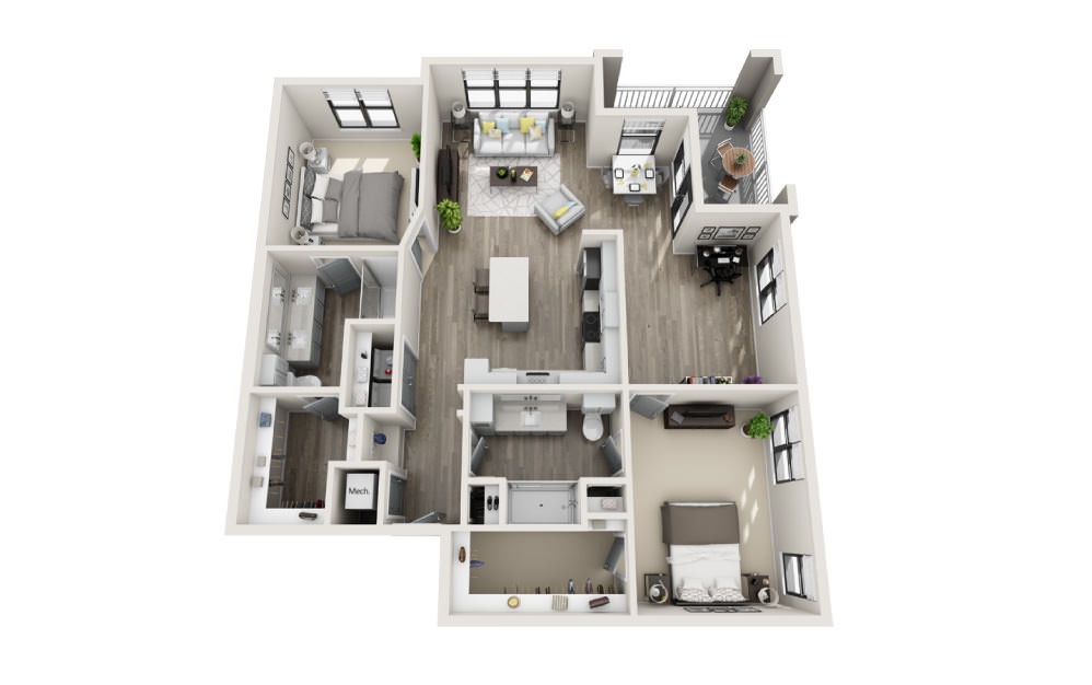 Bayswater - 2 bedroom floorplan layout with 2 bathrooms and 1367 square feet (3D)