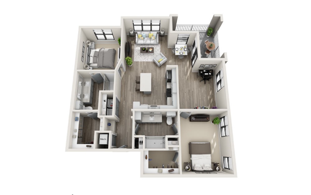 Bridgewater - 2 bedroom floorplan layout with 2 bathrooms and 1361 square feet (3D)