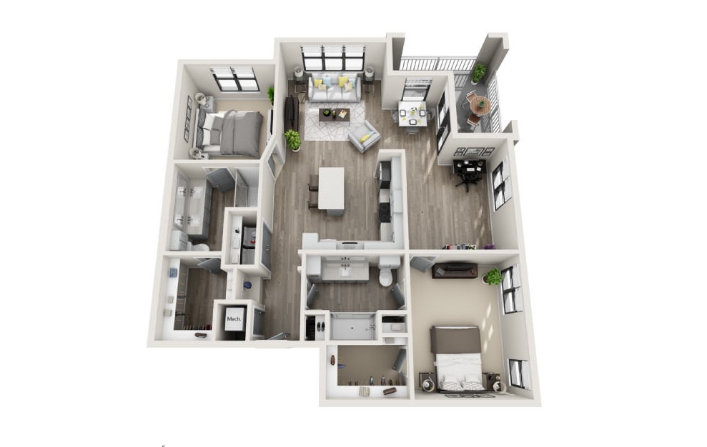 Bridgewater - 2 bedroom floorplan layout with 2 baths and 1361 square feet. (3D)