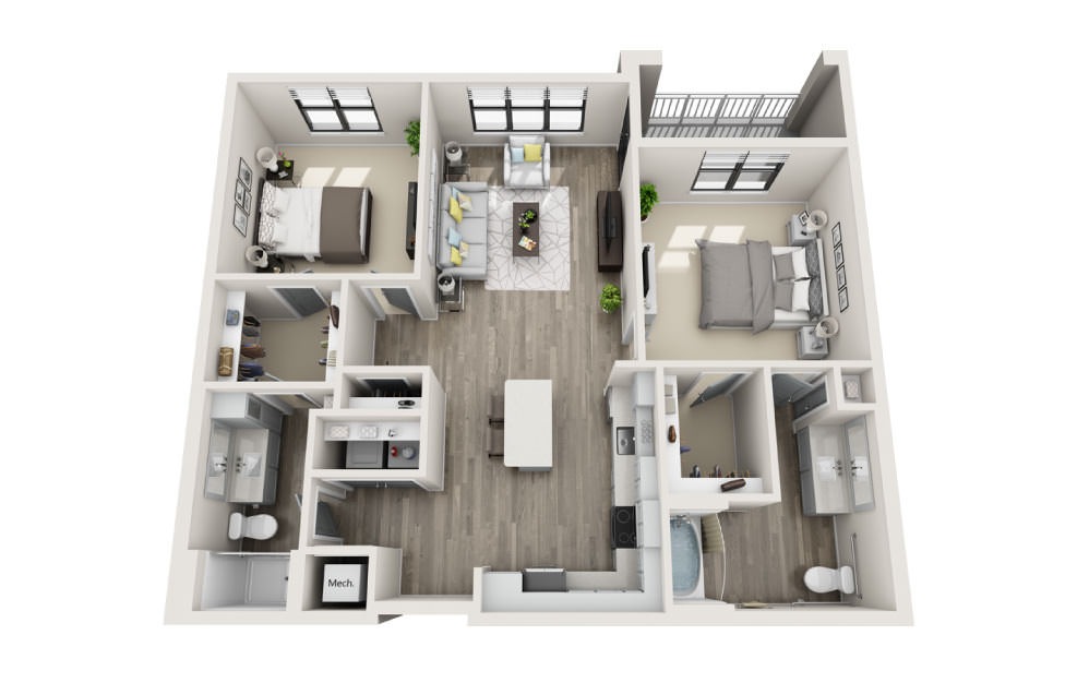 Brewer  - 2 bedroom floorplan layout with 2 bathrooms and 1215 square feet (3D)