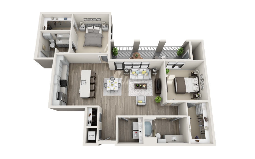 Brunswick - 2 bedroom floorplan layout with 2 bathrooms and 1362 square feet (3D)