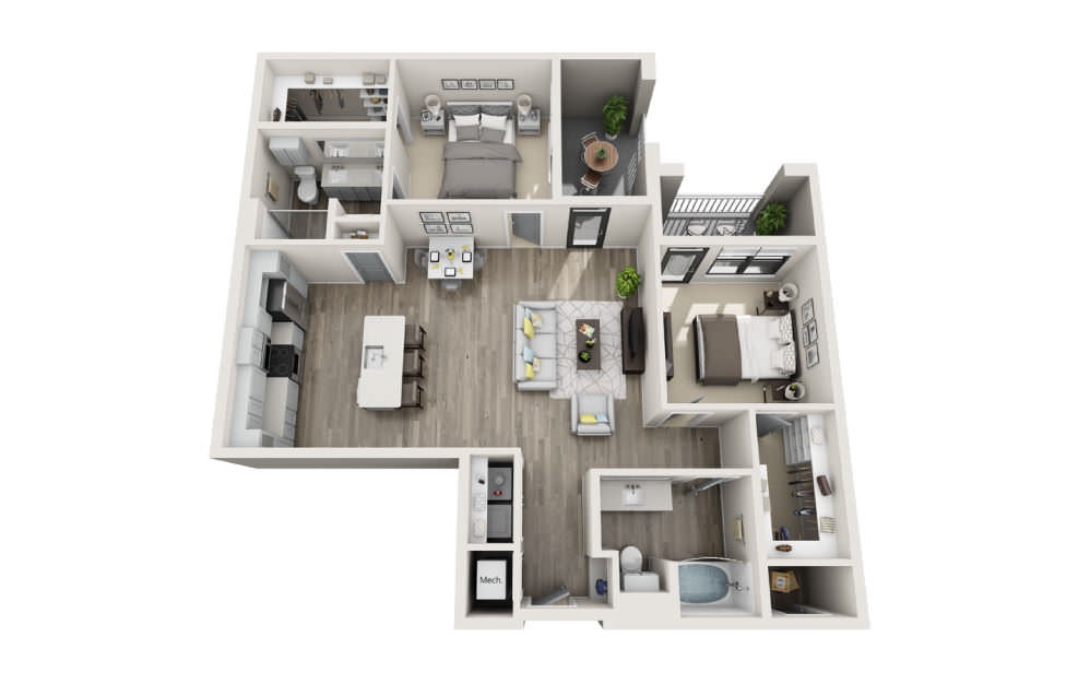 Baker - 2 bedroom floorplan layout with 2 bathrooms and 1201 square feet (3D)