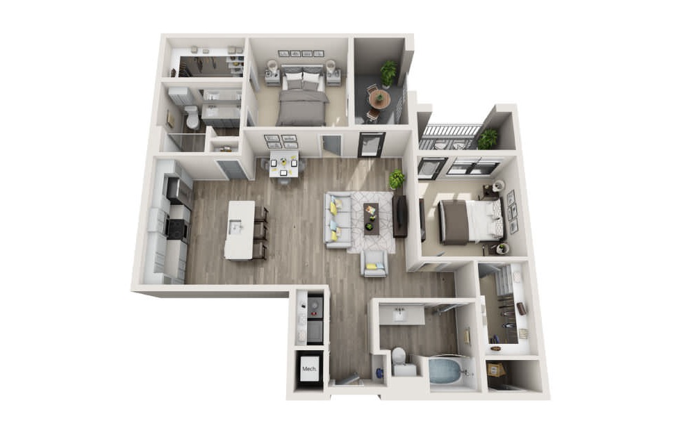 Baker - 2 bedroom floorplan layout with 2 baths and 1201 square feet. (3D)
