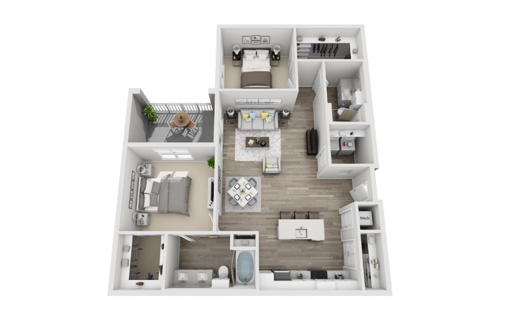 Byron - 2 bedroom floorplan layout with 2 bathrooms and 1231 square feet (3D)