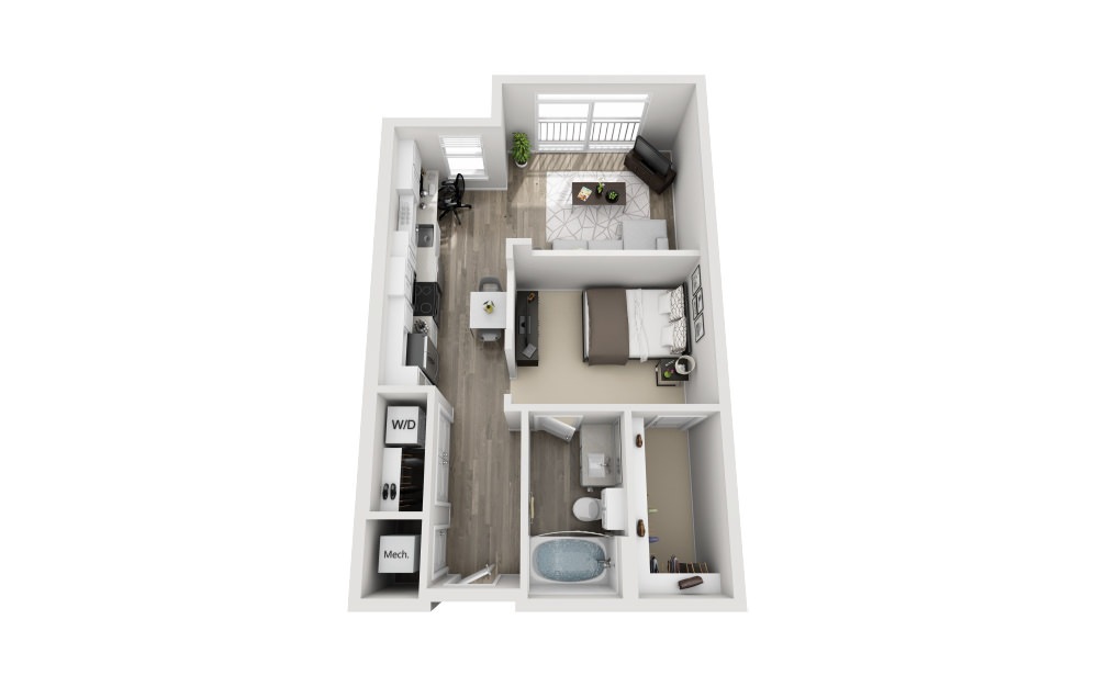 Stafford - Studio floorplan layout with 1 bathroom and 653 square feet (3D)