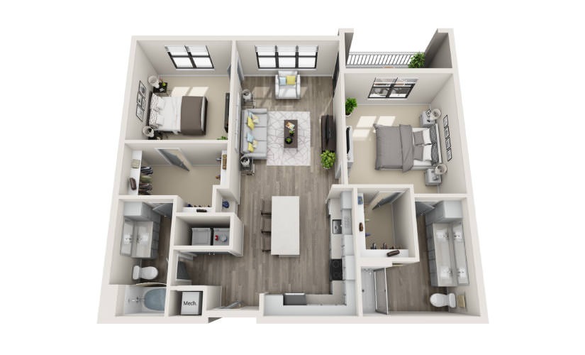 Burberry - 2 bedroom floorplan layout with 2 bathrooms and 1217 square feet