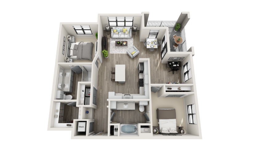 Bedford  - 2 bedroom floorplan layout with 2 bathrooms and 1220 square feet