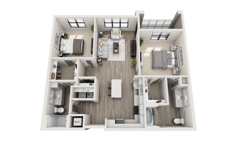 Brewer  - 2 bedroom floorplan layout with 2 bathrooms and 1215 square feet