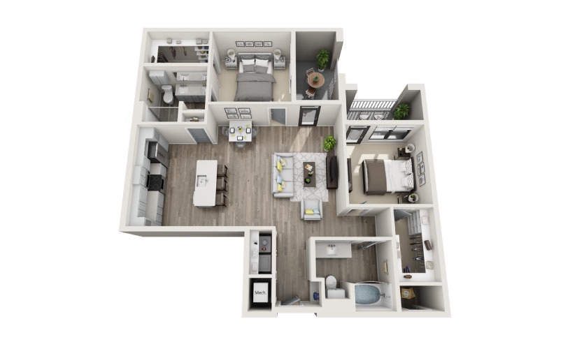 Baker - 2 bedroom floorplan layout with 2 bathrooms and 1201 square feet
