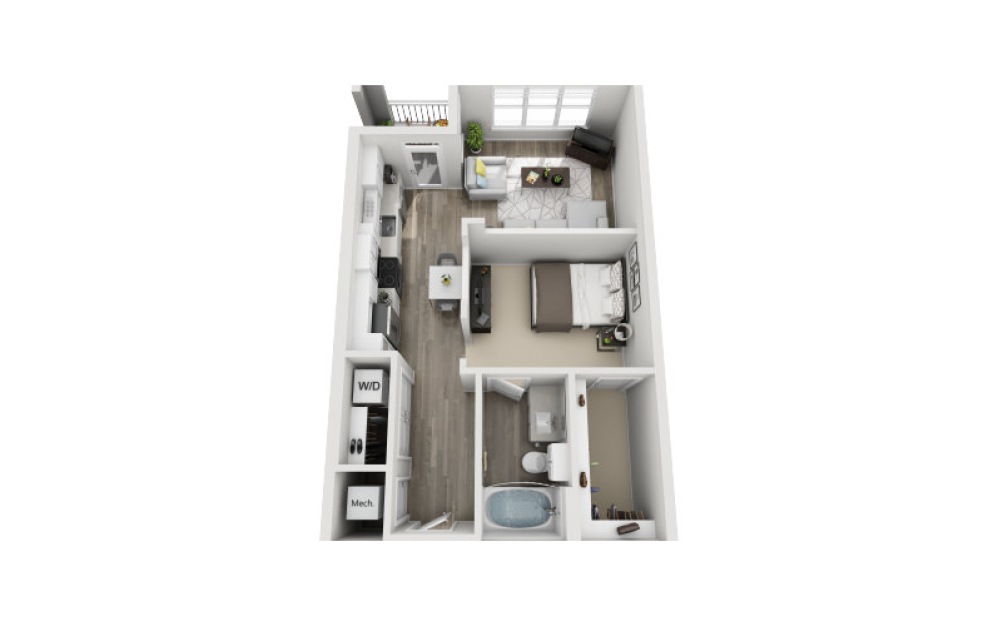 Susex - Studio floorplan layout with 1 bathroom and 643 square feet (3D)