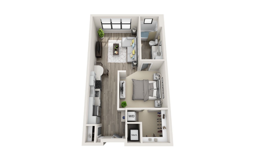 Sinclair - Studio floorplan layout with 1 bath and 635 square feet. (3D)